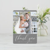 FOTO DANK U bruiloft  kalligrafie grijs Bedankkaart (Staand voorkant)