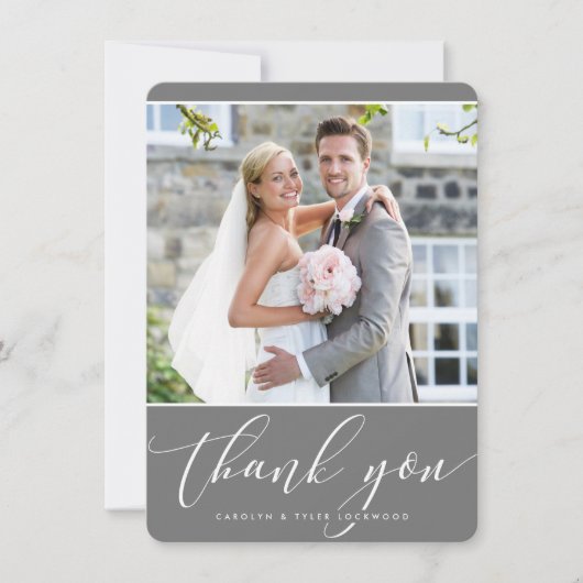 FOTO DANK U bruiloft kalligrafie grijs Bedankkaart (Voorkant)