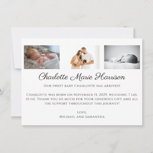 Foto Dank u Elegant Script geboorte aankondiging (Achterkant)