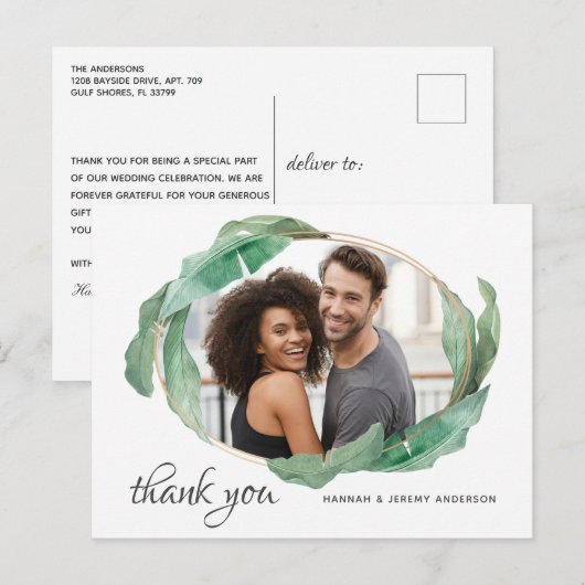 Foto Dank u met tropische bananenbladeren Briefkaart (Voorkant / Achterkant)