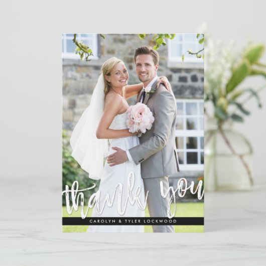 FOTO DANK U modern handgeschreven script wit Bedankkaart (Staand voorkant)