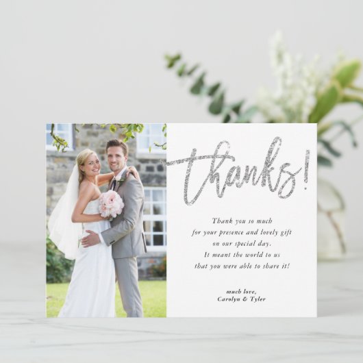 FOTO DANK U moderne glam zilver glitter script Bedankkaart (Staand voorkant)