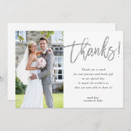 FOTO DANK U moderne glam zilver glitter script Bedankkaart (Voorkant / Achterkant)