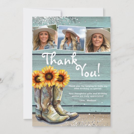 Foto Dank u Rustiek Land Zonnebloem Laarzen Bedankkaart (Voorkant)