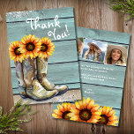 Foto Dank u Rustiek Land Zonnebloem Laarzen Bedankkaart<br><div class="desc">Foto Dank U Rustiek Land Westerne Zonnebloembakken Kaarten heeft een waterverf afbeelding van cowgirl laarzen gevuld met zonnebloemen met de tekst "Thank You" in de typografie van het moderne script en gepersonaliseerd met uw aangepaste bericht en drie foto's op de achterkant. Ontworpen door Evco Studio www.zazzle.com/store/evcostudio</div>