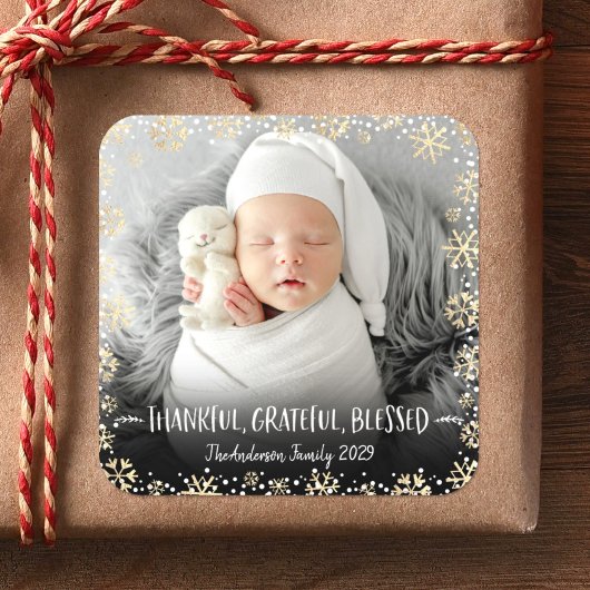 Foto: Dankbare Gouden Sneeuwvlok Vierkante Sticker