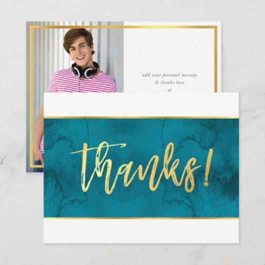FOTO DANKJE modern turkooisblauw gouden schrift Bedankkaart (Voorkant / Achterkant)