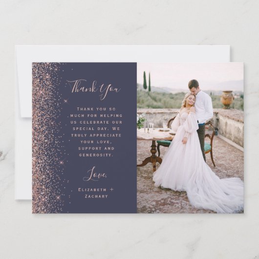 Foto Dark Blue Roos Gold Glitter Script Wedding Bedankkaart (Voorkant)