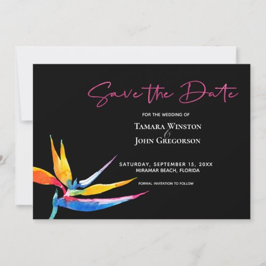 Foto Dark Tropical Bird of Paradise Beach Wedding Save The Date (Voorkant)