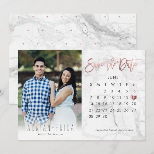 Foto: Date Calendar Marble Roos Gold opslaan Kaart (Voorkant / Achterkant)
