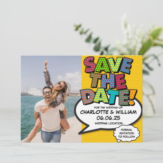 Foto: Date Fun Retro Comic Book Pop Art opslaan Kaart (Staand voorkant)