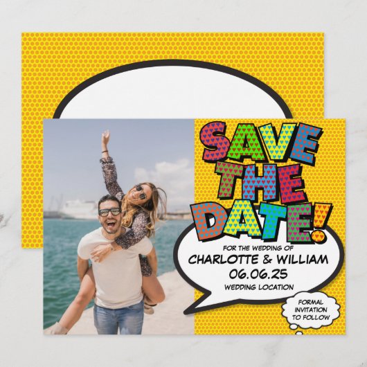 Foto: Date Fun Retro Comic Book Pop Art opslaan Save The Date (Voorkant / Achterkant)