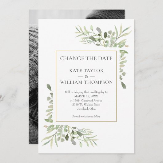 Foto Datum wijzigen Aquarel Groene Bladeren Save The Date (Voorkant / Achterkant)