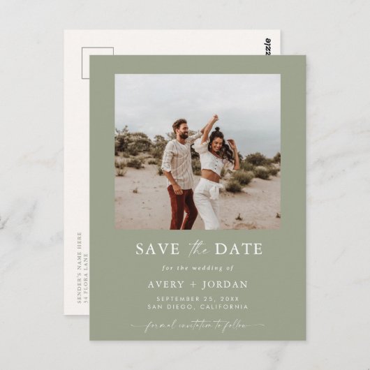 Foto De datum opslaan, Sage Green Boho De datum op Briefkaart (Voorkant / Achterkant)