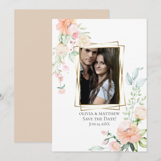 FOTO DE DATUM OPSLAAN | Waterverf Koraalbloemen Kaart (Voorkant / Achterkant)