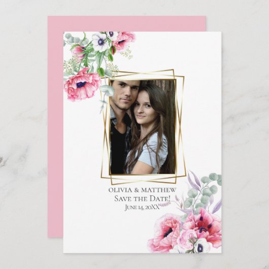 FOTO DE DATUM OPSLAAN | Waterverf Pink Poppy Kaart (Voorkant / Achterkant)