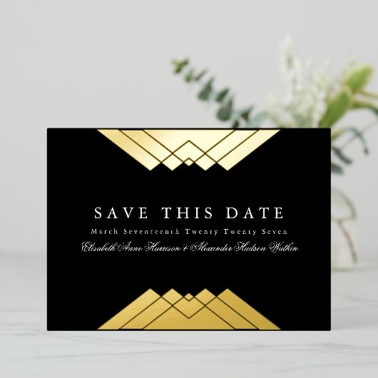 Foto Deco Zwart Geometrisch Goud Save the Date Folie Uitnodiging (Staand Voorkant)