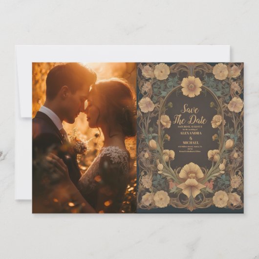 Foto Decoratieve Bloemen Art Nouveau Bruiloft Save The Date (Voorkant)