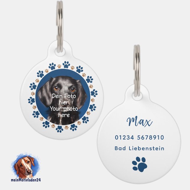 Foto deines Haustieres - Pfötchen blau braun |  Huisdierpenning (Personalisierbare Haustiermarke mit kleinen Pfötchen, mit Foto und Text personalisierbar)
