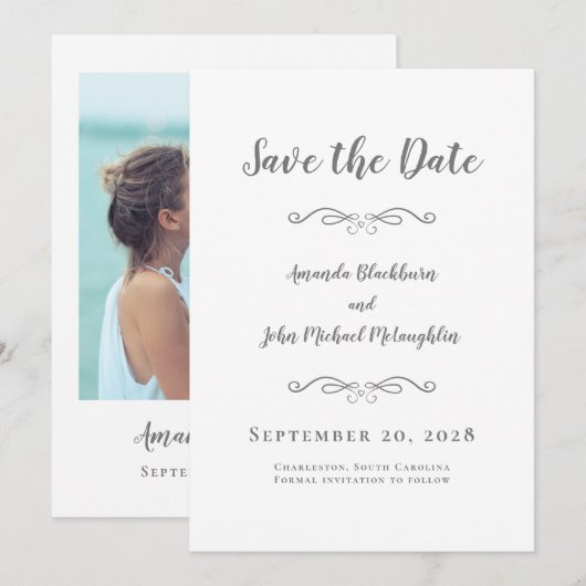 Foto Delicate Script Romantic Calligraphy Gray Save The Date (Voorkant / Achterkant)