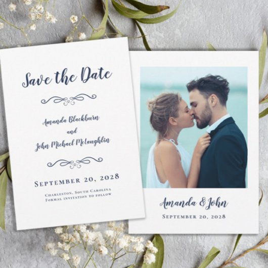 Foto Delicate Script Romantische Calligrafie Blauw Save The Date