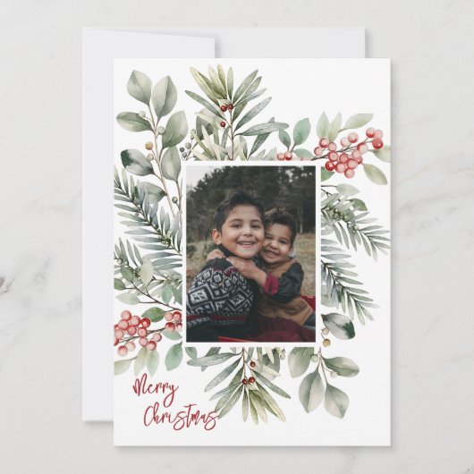 Foto Dennengroen Hulst Rode Vrolijk Kerstfeest Feestdagenkaart (Voorkant)
