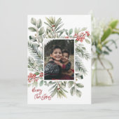 Foto Dennengroen Hulst Rode Vrolijk Kerstfeest Feestdagenkaart (Staand voorkant)