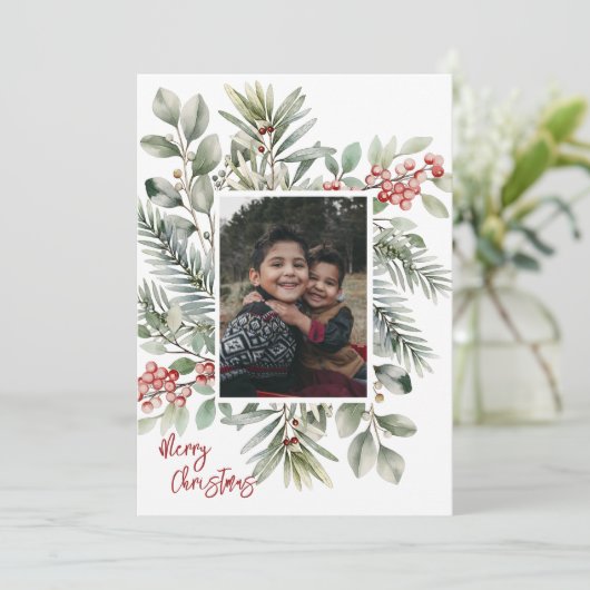 Foto Dennengroen Hulst Rode Vrolijk Kerstfeest Feestdagenkaart (Staand voorkant)