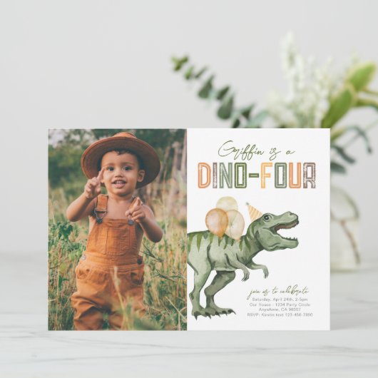 Foto Dino-Four verjaardagsuitnodiging Kaart (Staand voorkant)