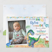 Foto: Dinosaur verjaardagsuitnodiging 1e verjaarda Kaart (Voorkant / Achterkant)