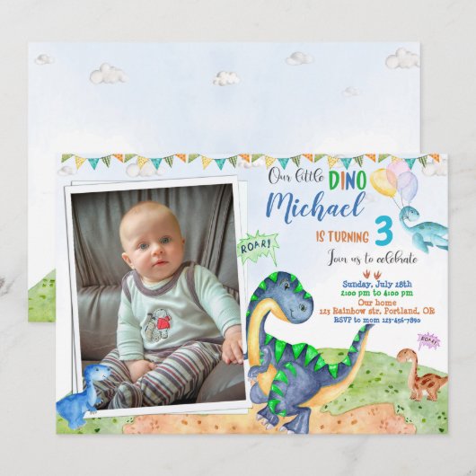 Foto: Dinosaur verjaardaguitnodiging Little dino Kaart (Voorkant / Achterkant)
