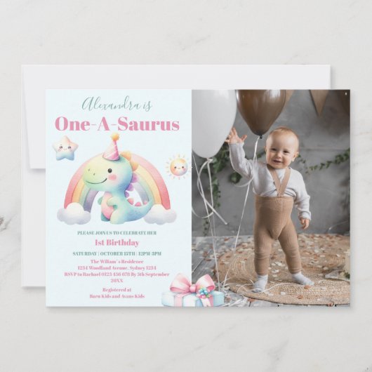 Foto Dinosaurus 1e Verjaardag Kleurig Schattig Kaart (Voorkant)