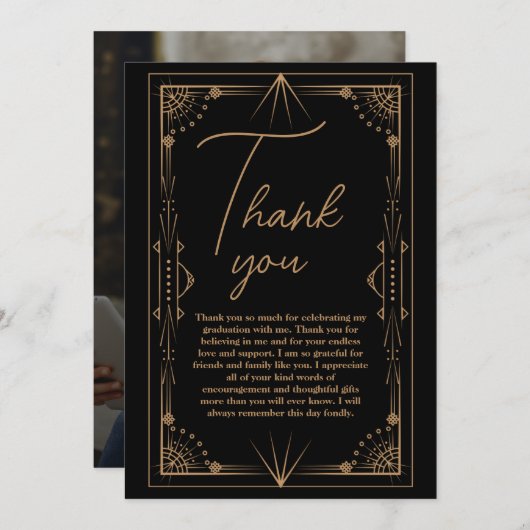 Foto Donker Zwart Goud Gatsby Afstuderen Bedankkaart (Voorkant / Achterkant)