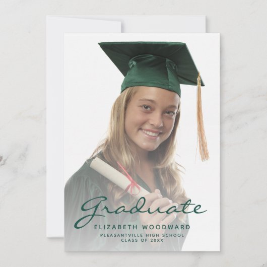 Foto donkergroen script Afstuderen kondiging Kaart (Voorkant)