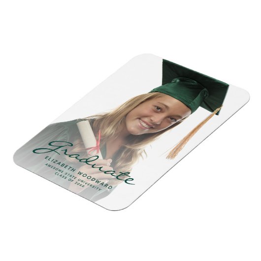 Foto donkergroene script afstudeeraankondiging magneet (Linkerzijde)