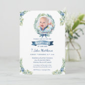 Foto Doop Blauw Kruis Bloemen Jongens Kaart (Staand voorkant)