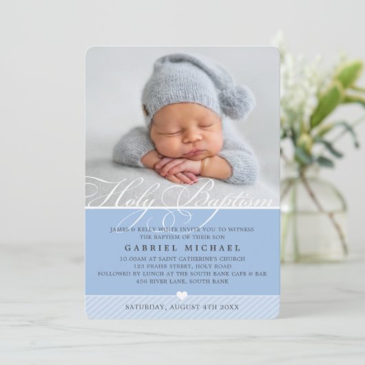 FOTO DOOP fancy kalligrafie bloeien jongensblauw Kaart (Staand voorkant)