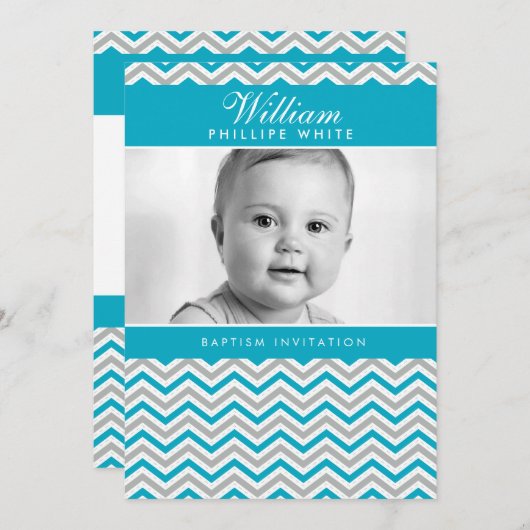 FOTO DOOP UITNODIGING:: zoete chevron aqua Kaart (Voorkant / Achterkant)