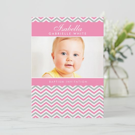 FOTO DOOP UITNODIGING:: zoete chevron roze Kaart (Staand voorkant)