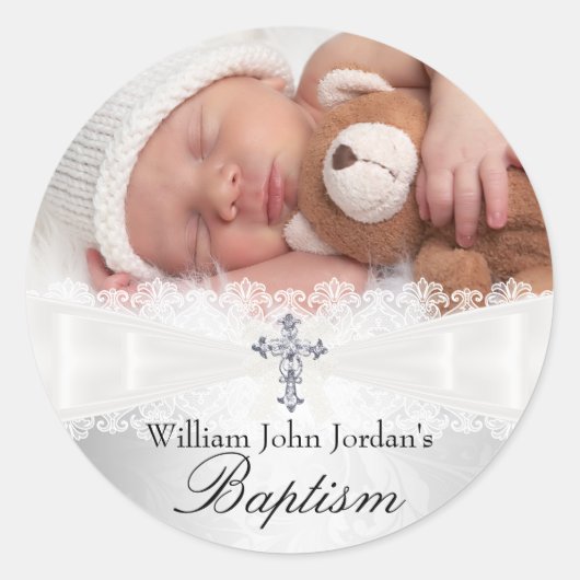Foto Doop Witte Zilveren Kruis Sticker (Voorkant)