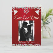 Foto, Duiven, Zilver Hart & Glitters - Diep rood Save The Date (Staand voorkant)