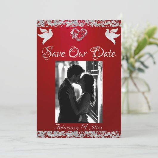 Foto, Duiven, Zilver Hart & Glitters - Diep rood Save The Date (Staand voorkant)