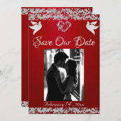 Foto, Duiven, Zilver Hart & Glitters - Diep rood Save The Date (Voorkant / Achterkant)