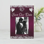 Foto, Duiven, Zilver Hart & Glitters - Paars Save The Date (Staand voorkant)