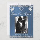 Foto, Duiven, Zilveren Hart & Glitter - Blauw Save The Date (Voorkant)