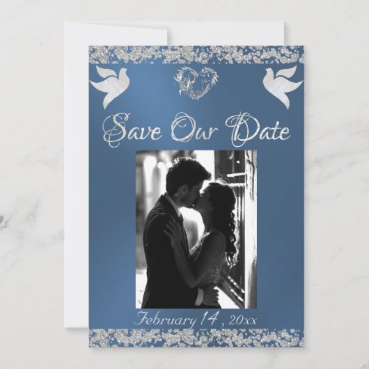Foto, Duiven, Zilveren Hart & Glitter - Blauw Save The Date (Voorkant)