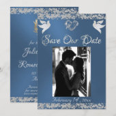 Foto, Duiven, Zilveren Hart & Glitter - Blauw Save The Date (Voorkant / Achterkant)