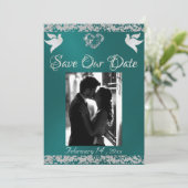 Foto, Duiven, Zilveren Hart & Glitter - Blauwgroen Save The Date (Staand voorkant)