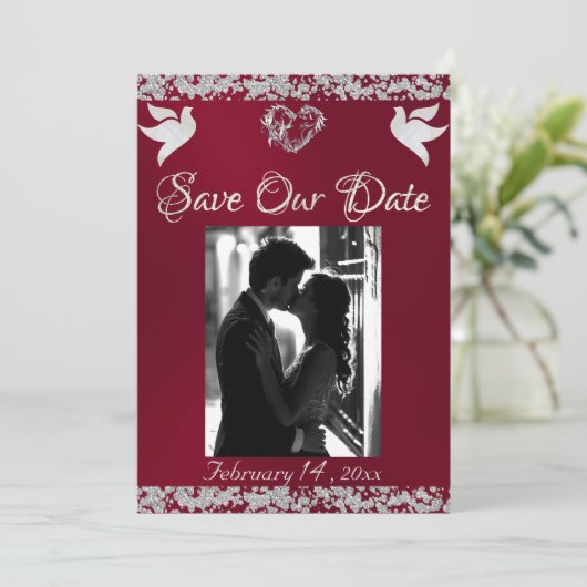Foto, Duiven, Zilveren Hart & Glitter - Bourgogne Save The Date (Staand voorkant)