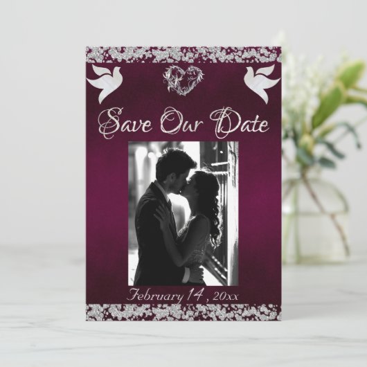 Foto, Duiven, Zilveren Hart & Glitter - Paarse Save The Date (Staand voorkant)